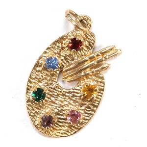 Rare Vintage 14k Yellow Gold and Gemstones Textured Painters Palette Artist Pendant Charm - Impressionist Painting