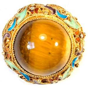 Vintage Vermeil Chinese Enamel Floral Filigree Round Dome Tigers Eye Floral Brooch Pin
