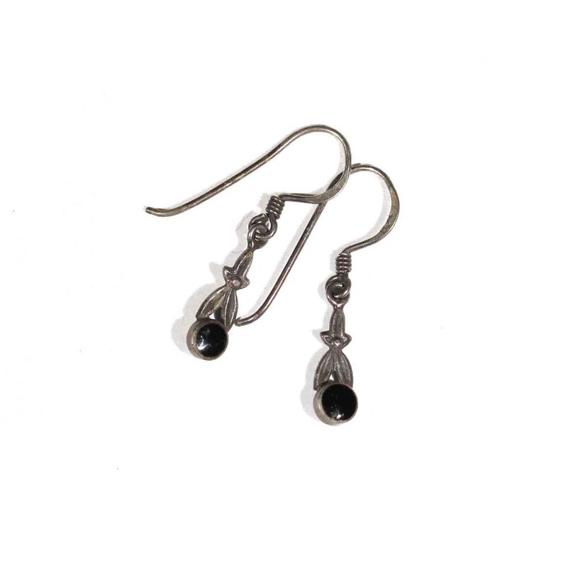 Vintage Black Onyx Round Abstract Modernist Minimalist Silver Earrings