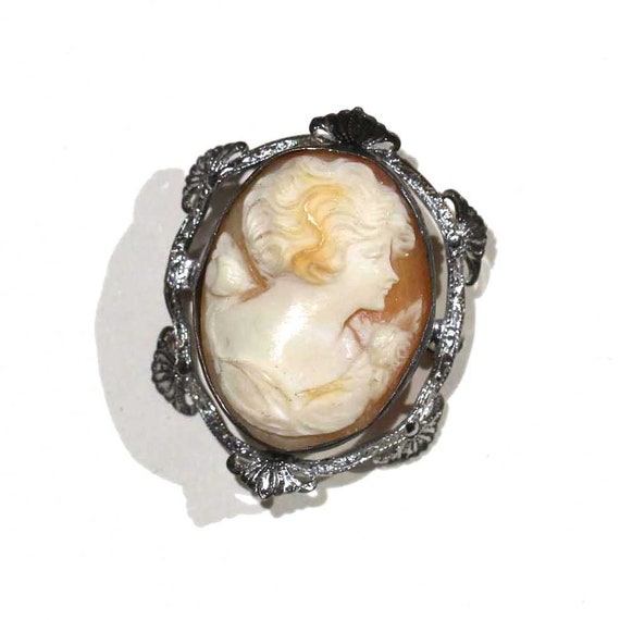 Antique Carved Cameo Shell Sterling Pink and Whit… - image 1