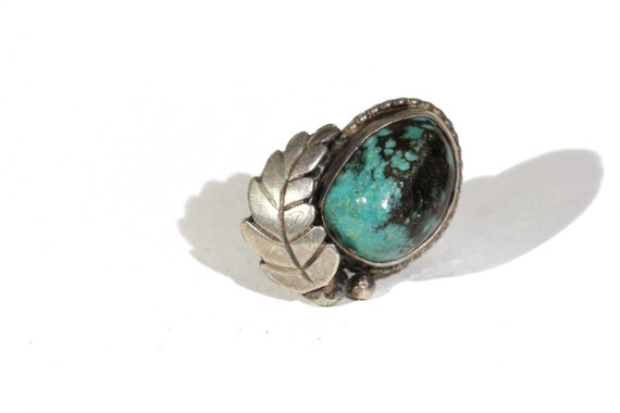 Vintage Native American Signed ALK Blue Green Web Turquoise Old Pawn Navajo Silver Hand Stamped Leaf Handmade Southwestern Ring View 2