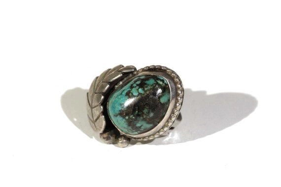 Vintage Native American Signed ALK Blue Green Web Turquoise Old Pawn Navajo Silver Hand Stamped Leaf Handmade Southwestern Ring
