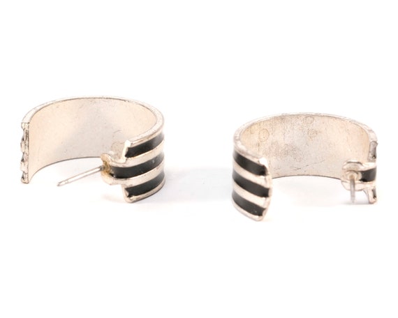 Vintage Silver 3 Black Stripes Half Hoop Curled M… - image 2