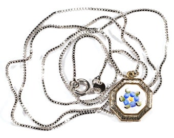 Vintage Silver Mini Enamel Octognal Floral Locket Pendant and Chain