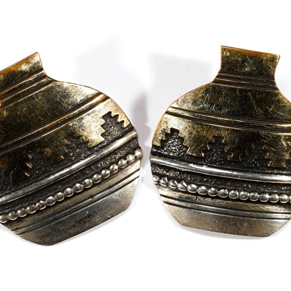 Vintage Tommy T. Singer Goldcraft Old Style Navajo Sterling Silver and Gold Filled Native American Indian Handmade Vase Jar Earrings