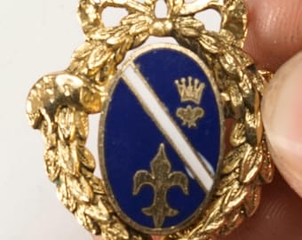 Broche vintage con corona de esmalte azul y escudo de armas con flor de lis.