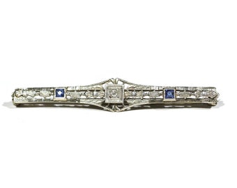 Art Nouveau 14k White Gold Diamond and Sapphire Filigree Solid Bar Pin -Retro