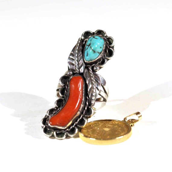 Hugge Vintage Turquoise Red Coral Navajo Native A… - image 1