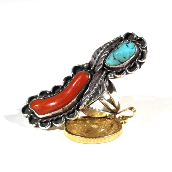 Hugge Vintage Turquoise Red Coral Navajo Native A… - image 2