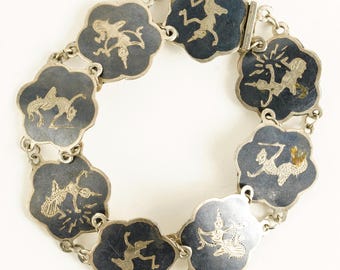 Vintage Siam Thailand Asian Black Nielo Enamel Dancing Women Goddess Silver Link Bracelet