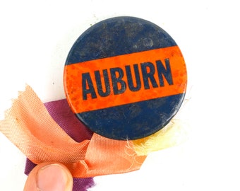 Vintage 1950s Auburn Alabama Blue Orange College Football Baseball Sports Pinback Button Pin w/ Pink Purple Ribbon