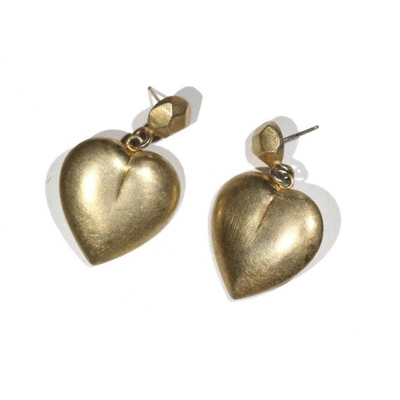 Vintage Puff Heart Gold Dangle Earrings - image 1