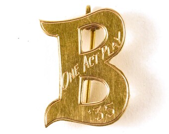 Vintage 14k Yellow Gold Letter B Engraved One Act Play '35 1935 Pin