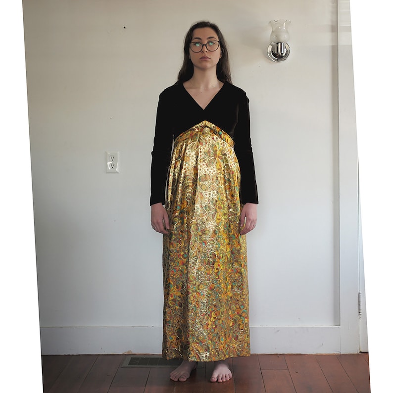Vintage Crushed Velvet Authentic Handmade 60s Gustav Klimt Psychadellic Style Gold Maroon Zip Back Dress