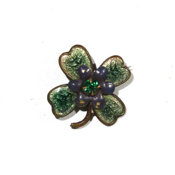 Vintage Guilloche Enamel Green Four Leaf Clover P… - image 1