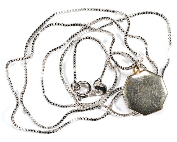 Vintage Silver Mini Enamel Octognal Floral Locket Pendant and Chain