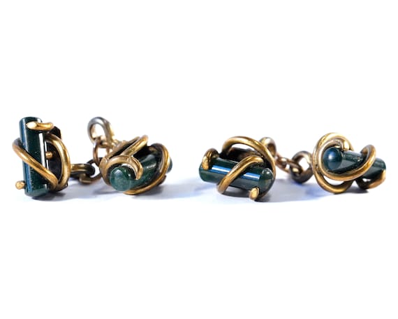 Antique Gold Or Gold Filled Swirly Wrapped Green … - image 1
