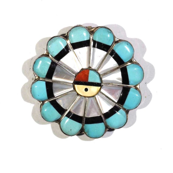 Signed Vintage Native American Zuni Turquoise Floral Sterling Silver Keychain Signed Vintage Native American Zuni Turquoise Floral Sterling Silver Keychain