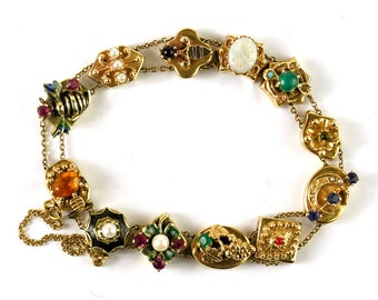 RARE Antique 14k Gold Slider Charm Bracelet - Bees Bugs Crescent Moon Gemstones Opal Pearls