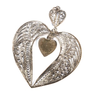 LARGE Vintage Silver Filigree Open Heart Dangle Charm Fancy Scroll Love Pendant
