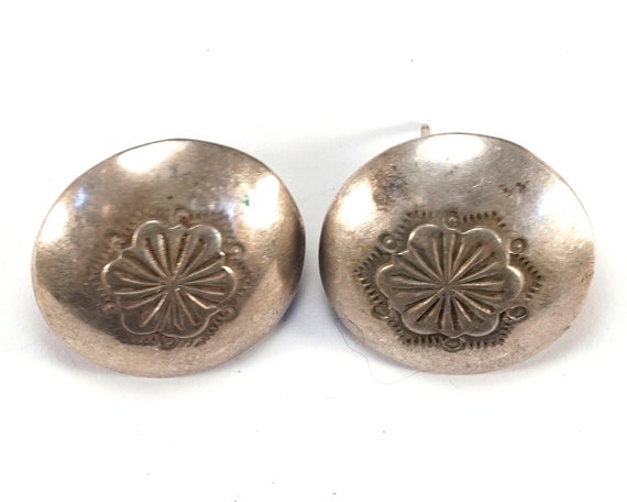Hand Tooled Button Vintage Native American Navajo Sterling Silver Earrings Old Hand Tooled Button Vintage Native American Navajo Sterling Silver Earrings Old
