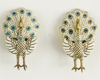 Vintage Enamel White Peacock Bird Vermeil Siam Sterling Silver Earrings - Handmade