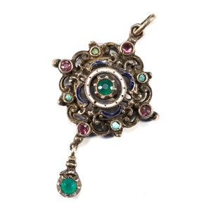 Antique German Austro Hungarian Style Solid Silver Blue White Enamel Pearl Jeweled Multicolor Dangle Pendant
