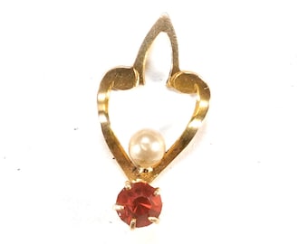 Vintage Gold or Gold Filled Ruby Red Stone and Pearl Retro Open Thin Pendant
