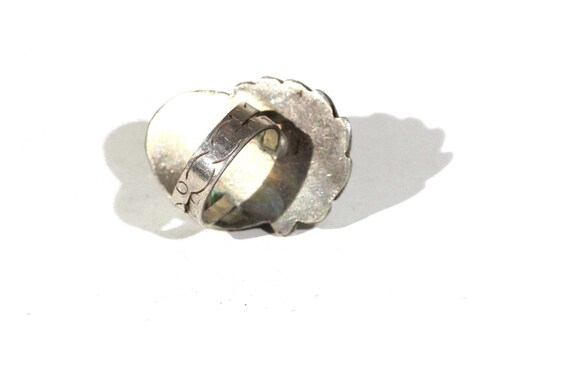 Vintage Native American Signed ALK Blue Green Web Turquoise Old Pawn Navajo Silver Hand Stamped Leaf Handmade Southwestern Ring View 4