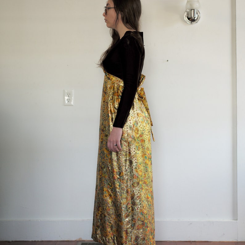 Vintage Crushed Velvet Authentic Handmade 60s Gustav Klimt Psychadellic Style Gold Maroon Zip Back Dress