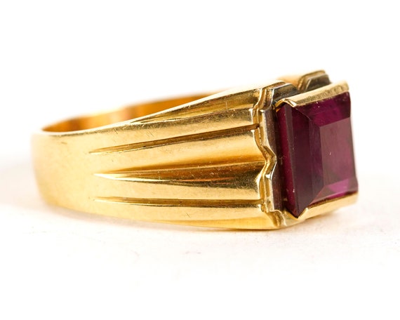 Vintage 18k Solid Yellow Gold Men's Deep RED Squa… - image 3