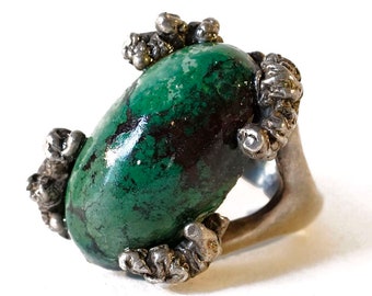 Vintage Sergio Large Green Black Stone Brutalist Claw Set Mexico Sterling Silver Ring