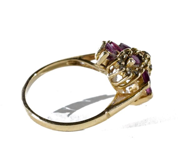 Vintage Red Ruby and Diamond Retro Cluster 14k Ye… - image 2
