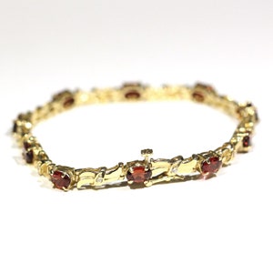 Vintage 14k Yellow Gold Diamond and Orange Red Garnet Tennis Style Link Bracelet