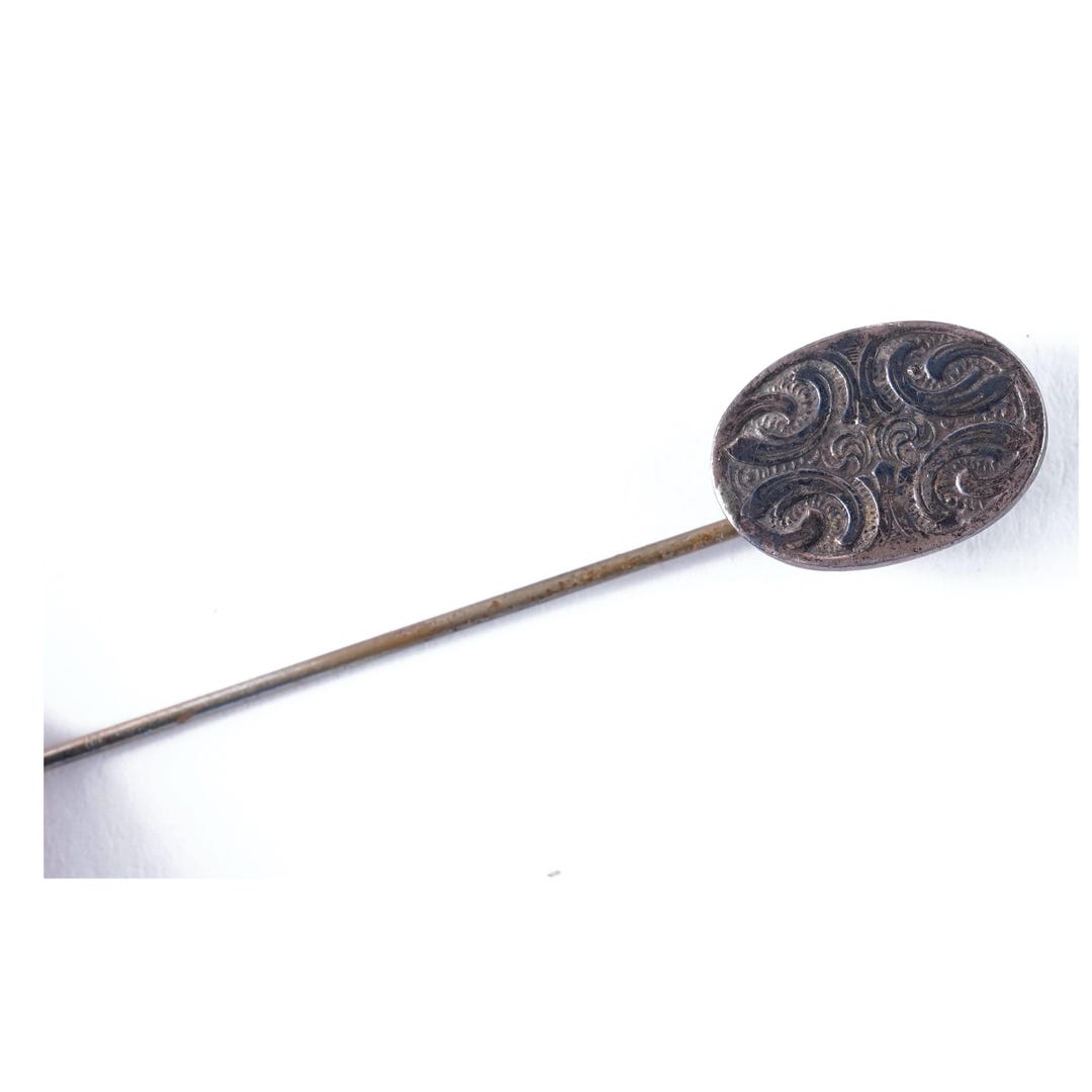 Scroll Pin Antique Swirl Scroll Engraved Round Oval Silver Art Nouveau Stick Pin ...