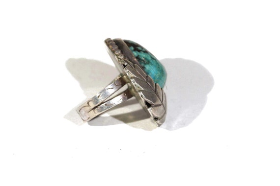 Vintage Native American Signed ALK Blue Green Web Turquoise Old Pawn Navajo Silver Hand Stamped Leaf Handmade Southwestern Ring View 3