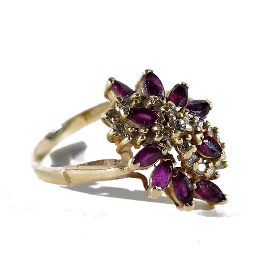 Vintage Red Ruby and Diamond Retro Cluster 14k Ye… - image 1