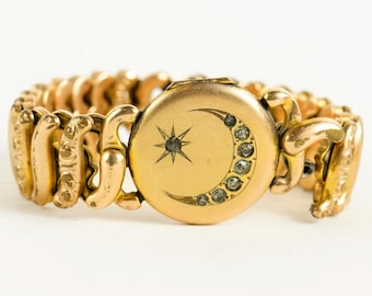 Antique 1908 American Queen Crescent Moon Gold Filled Expansion Locket Bracelet Fancy Scroll Pattern