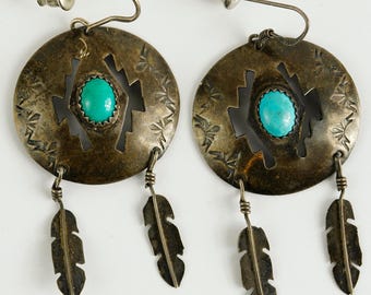 Vintage Navajo Blue Turquoise Dangle Double Feather Native American Indian Silver Earrings - Handmade - Southwestern