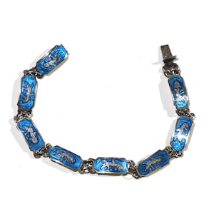 Vintage Siam Thailand Asian Blue Enamel Dancing Women Goddess Silver Link Bracelet