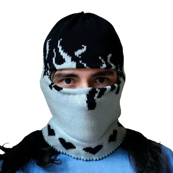 Handmade Blue Flames Black hearts All Over Knit Pattern Black and Blue unisex 100% cotton Balaclava Hat