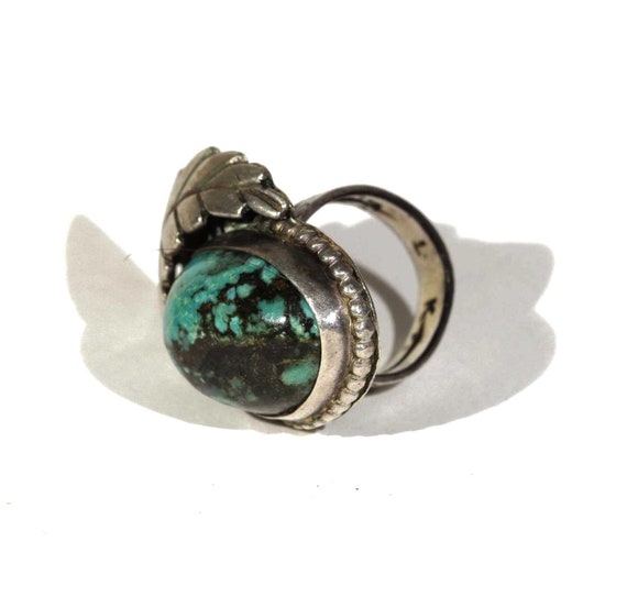 Vintage Native American Signed ALK Blue Green Web Turquoise Old Pawn Navajo Silver Hand Stamped Leaf Handmade Southwestern Ring View 5