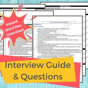 Puede incluir: Un gr&aacute;fico amarillo y rojo con el texto "Instant Word Doc. Download" sobre un fondo azul. El gr&aacute;fico se superpone a un documento titulado "Gu&iacute;a de entrevista para profesores y preguntas". El documento contiene instrucciones para llevar a cabo una entrevista con un profesor, incluida una lista de preguntas que hacer.