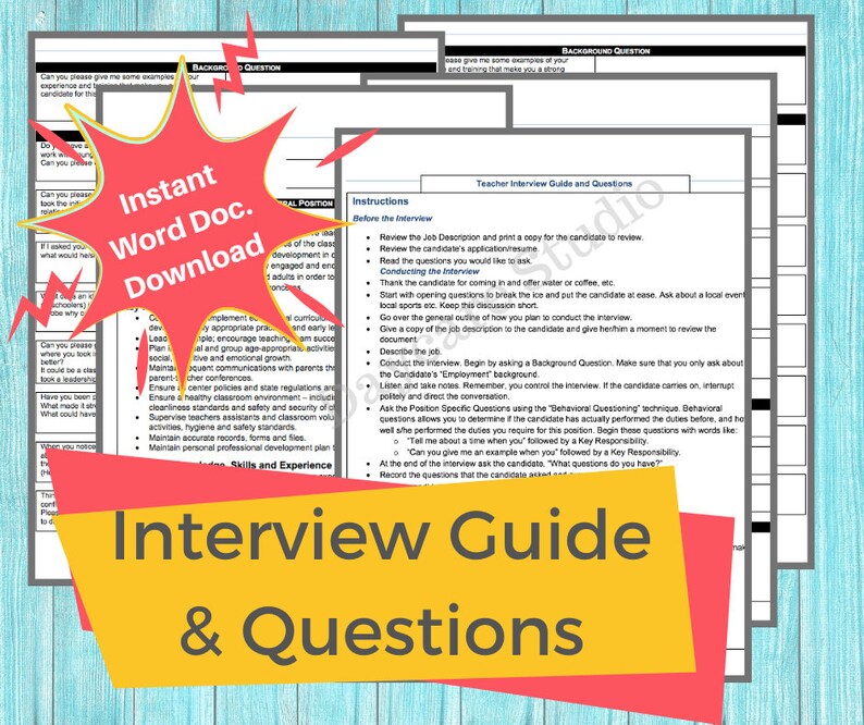 Puede incluir: Un gr&aacute;fico amarillo y rojo con el texto "Instant Word Doc. Download" sobre un fondo azul. El gr&aacute;fico se superpone a un documento titulado "Gu&iacute;a de entrevista para profesores y preguntas". El documento contiene instrucciones para llevar a cabo una entrevista con un profesor, incluida una lista de preguntas que hacer.