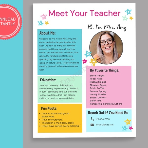 MEET THE TEACHER - Daycare Printable Flyer | Teacher Information to Give to New Families | Preschools, Child Care Centers, & Home Daycares