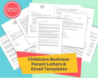 May include: A collection of printable childcare business parent letters and email templates. The letters and templates are on white paper with black text. The image is a close-up of the papers, with a red and yellow background.