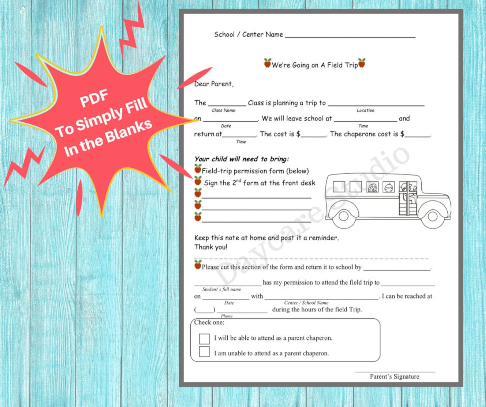 DAYCARE FIELD TRIP Forms Childcare Center Printable Etsy
