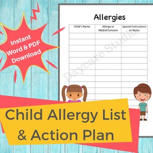 DAYCARE ALLERGY LIST/ Childcare Center Printable Child Allergy Form / Perfect for Centers, Preschools, and In Home Daycares
