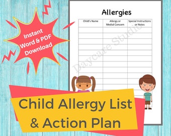 Peut inclure: Un modèle imprimable de liste d'allergies et de plan d'action pour les enfants. Le modèle comporte des colonnes pour le nom de l'enfant, l'allergie ou le problème médical, et les instructions spéciales ou les notes. Le modèle est illustré par des enfants de dessin animé.