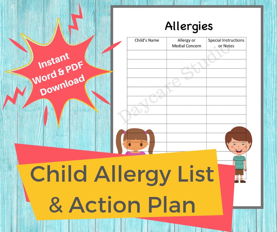 DAYCARE ALLERGY LIST/ Childcare Center Printable Child Allergy Etsy